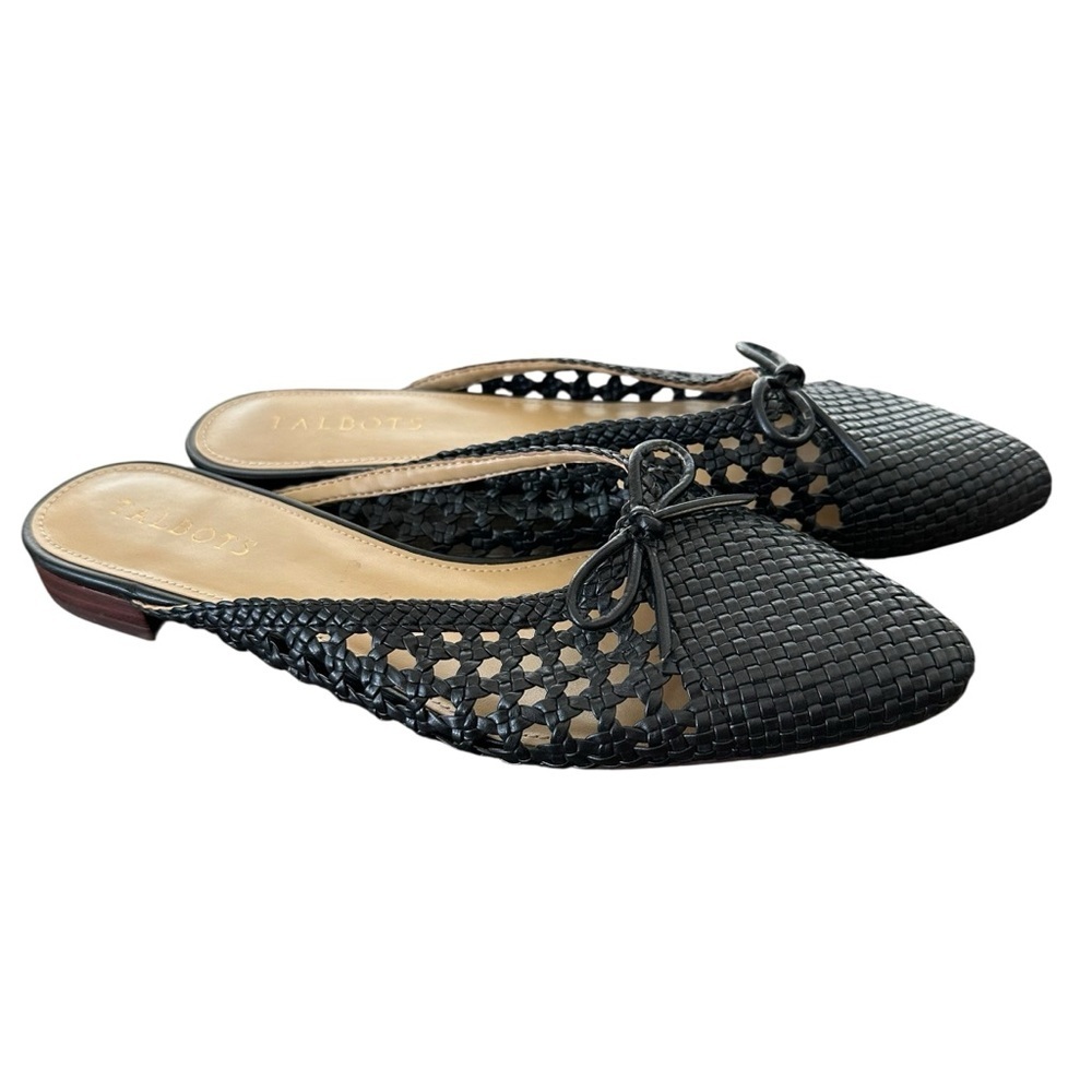 Talbots size 8 Black Edison Bow Basketweave‎ Slip On Mules Flats Shoes